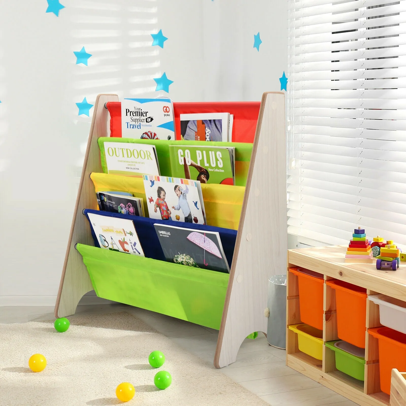 4 Tier Children Bookshelf Magazine Rack Organiser-Natural