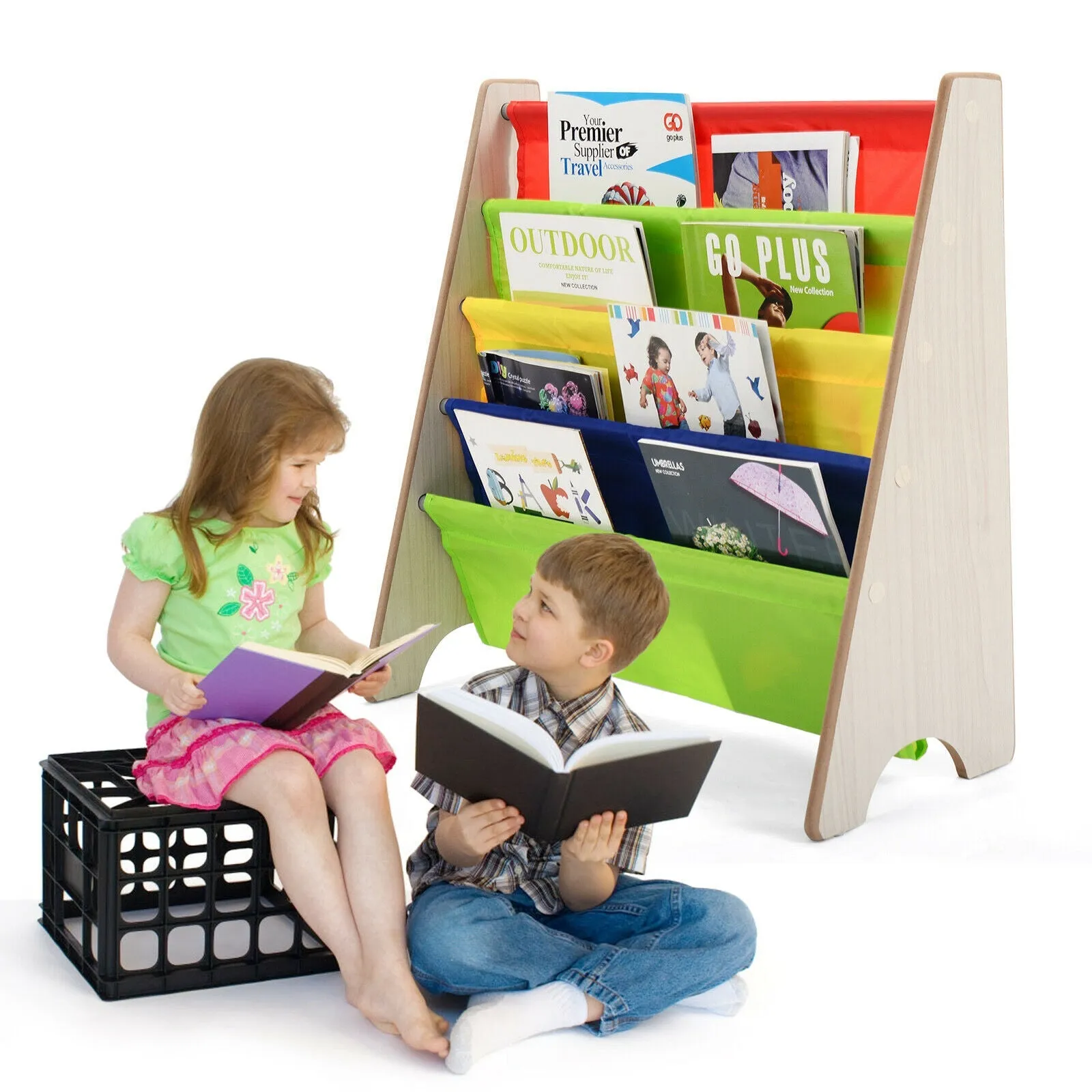 4 Tier Children Bookshelf Magazine Rack Organiser-Natural