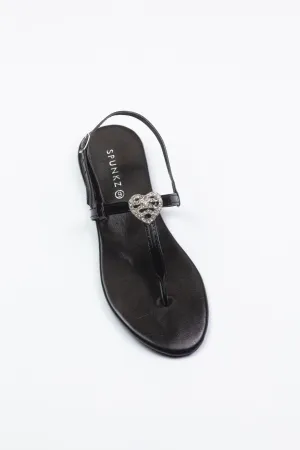 Anya Metallic Black T-Strap Flat Flip Flop Thong Sandals