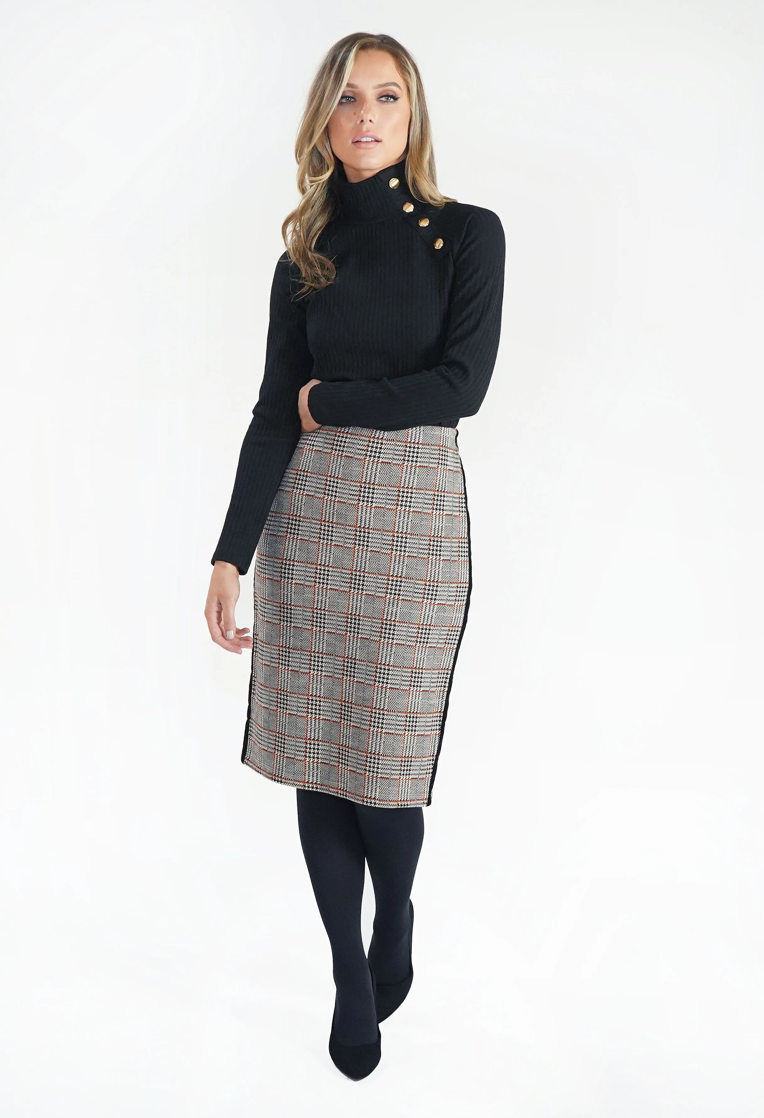 Beige Checked Pencil Skirt with Side Stripe