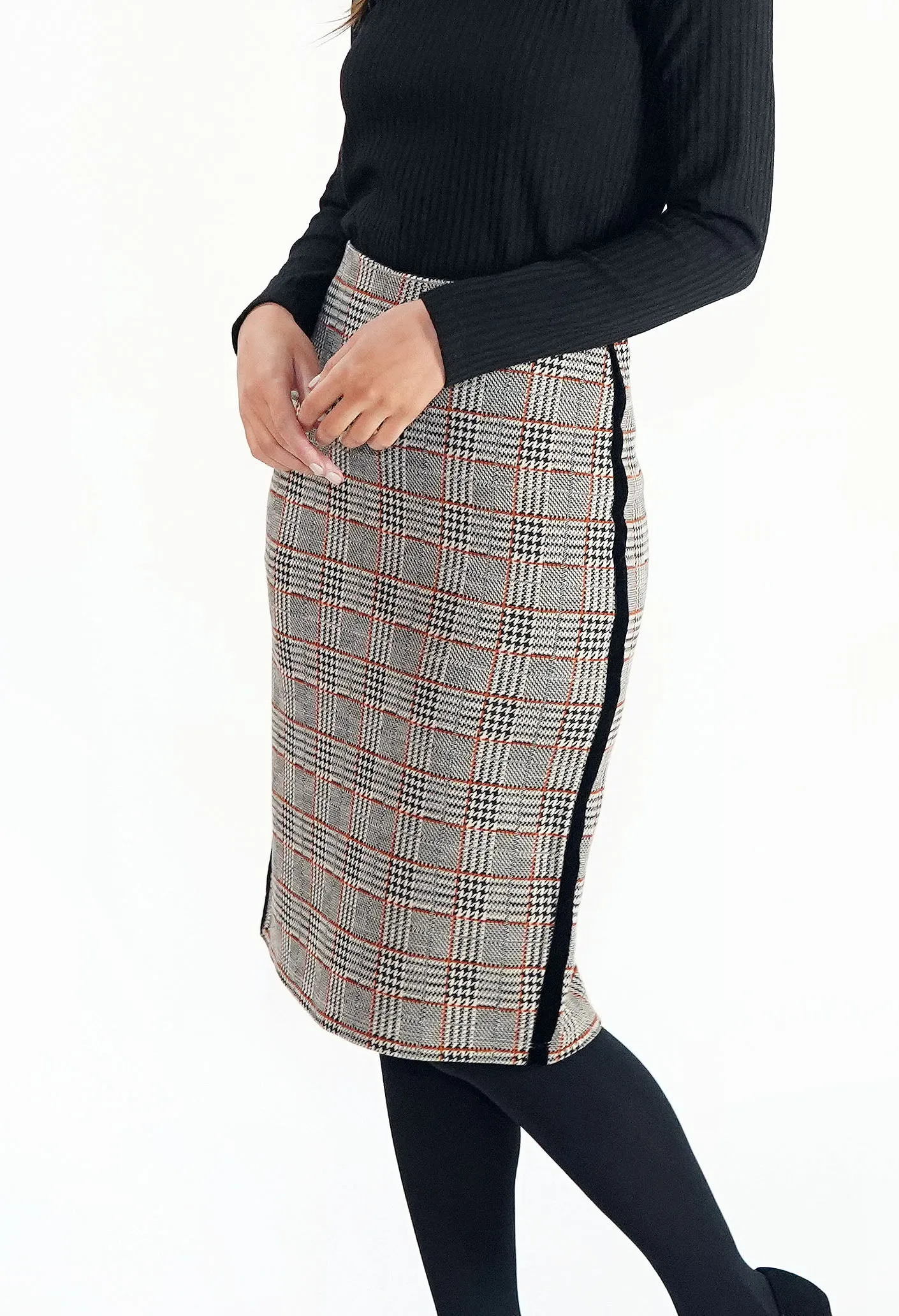 Beige Checked Pencil Skirt with Side Stripe