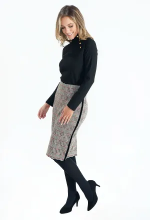 Beige Checked Pencil Skirt with Side Stripe