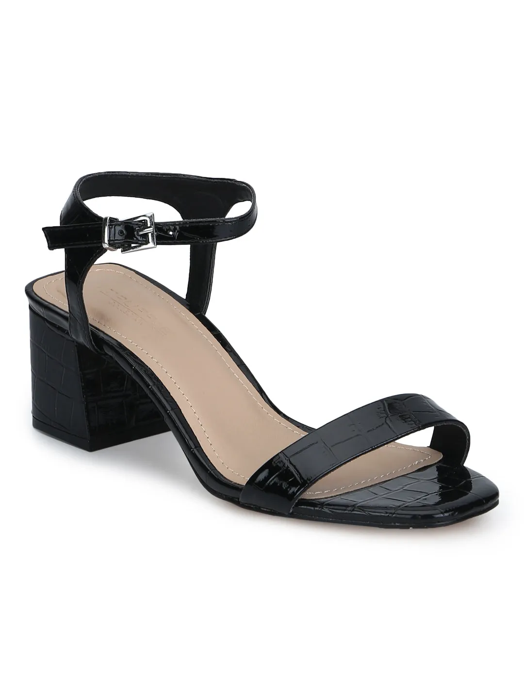 Black Croc Thin Ankle Strap Low Block Heels