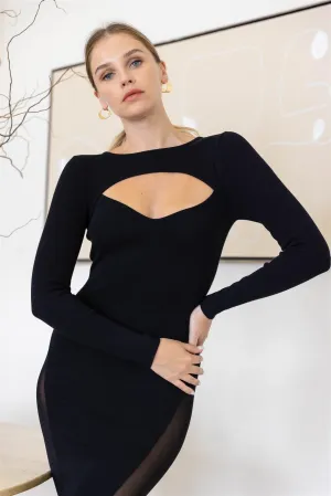 Black Cutout Bust  Mesh Side Detail Long Sleeve  Dress /1-1-1