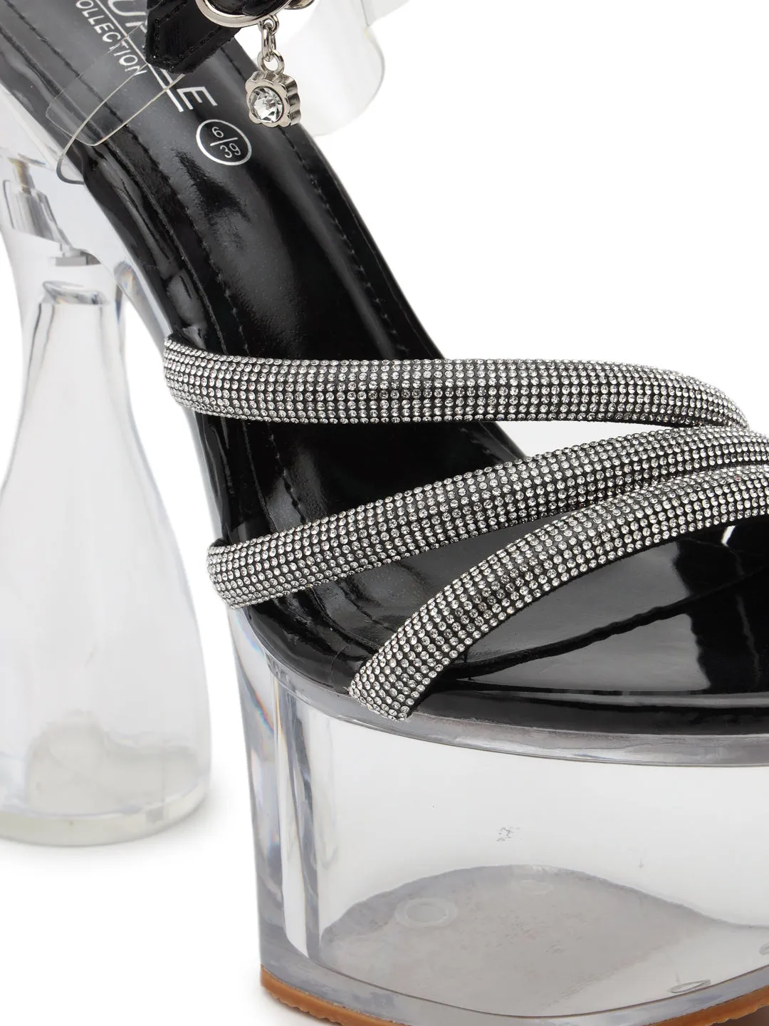 Black Embellished Clear Block High Heel Platform Sandals (TC-RS3603-BLK)