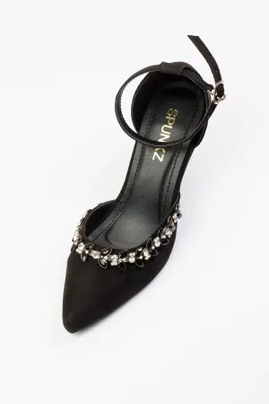 Black Petal Crystal Flowers Studded Pointed Toe Leather Heels