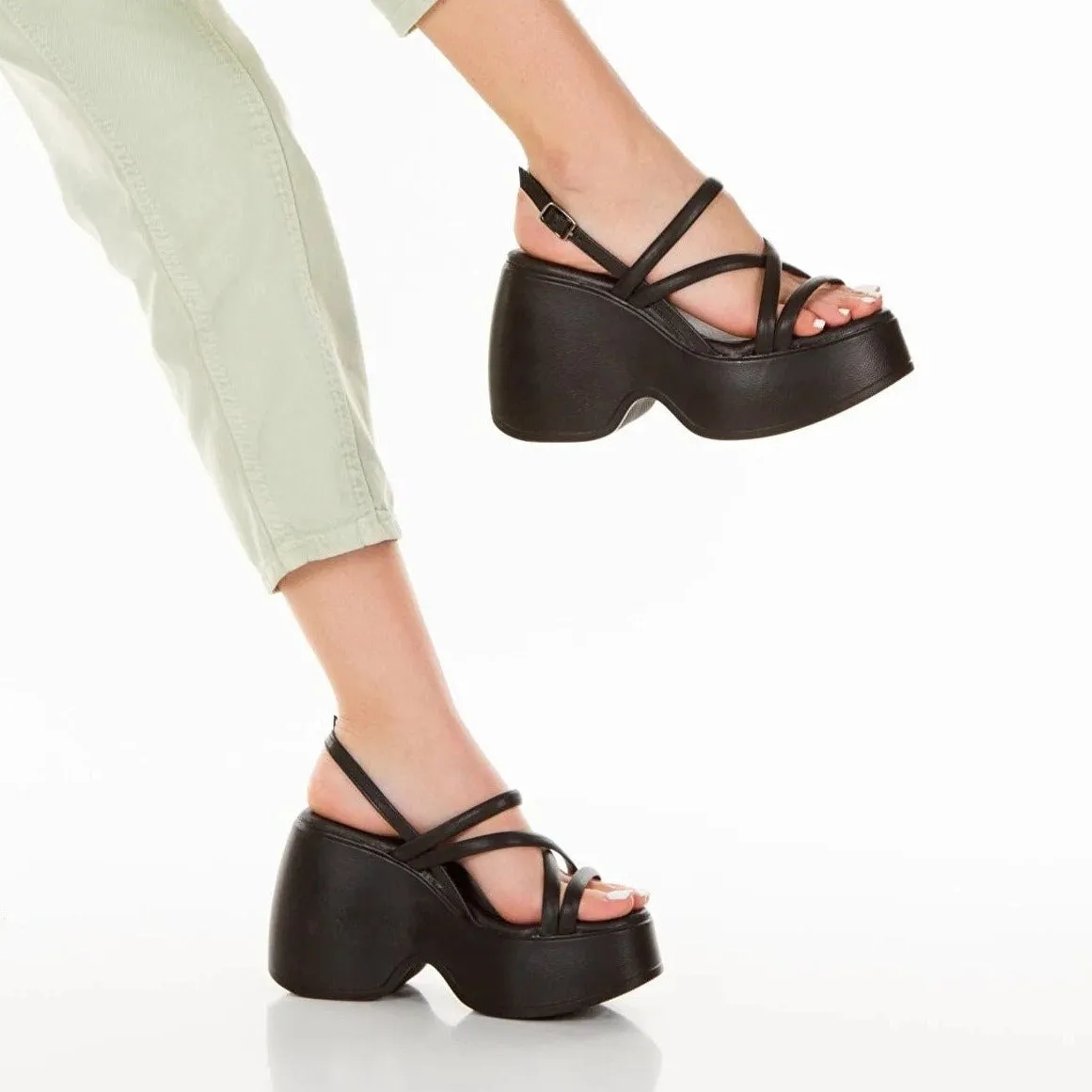 Diana - Black Chunky Wedge Sandals