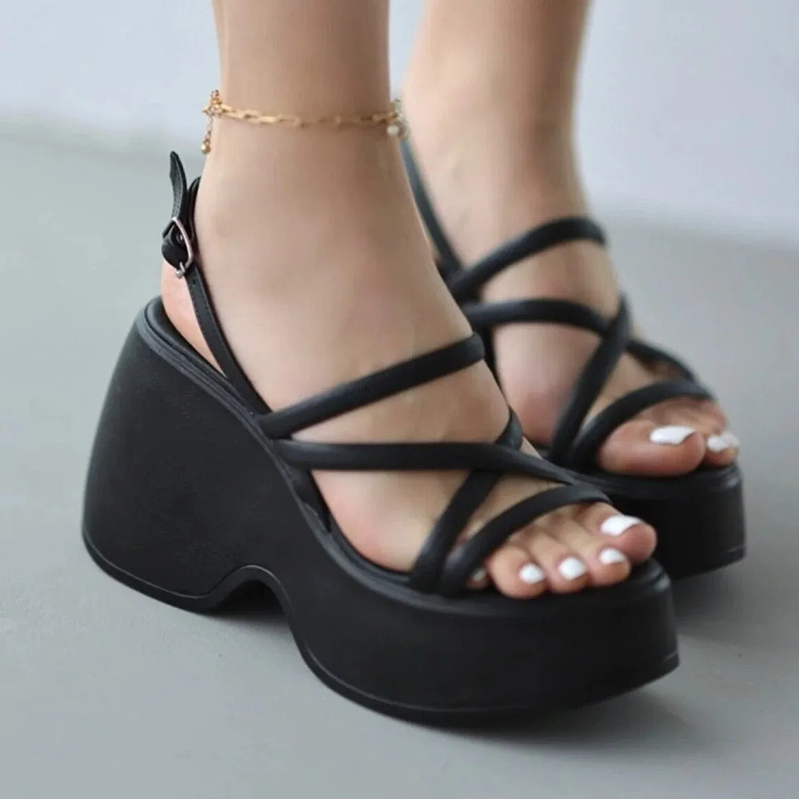 Diana - Black Chunky Wedge Sandals