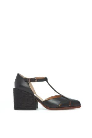 Ivy Block Heeled Pump in Black Leather