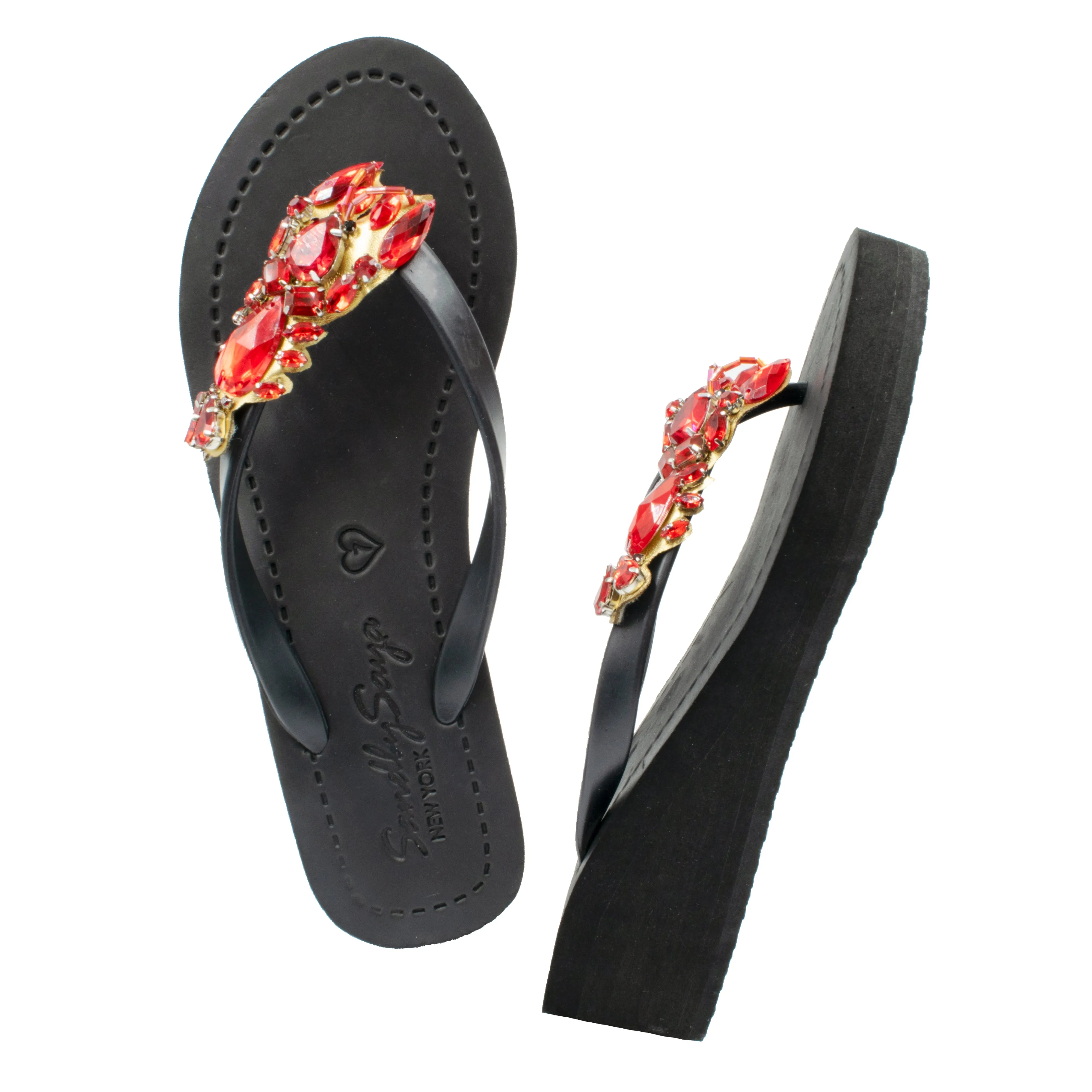 Lobster - Red Crystals Stone Embellished Mid Wedge Flip Flops Sandals