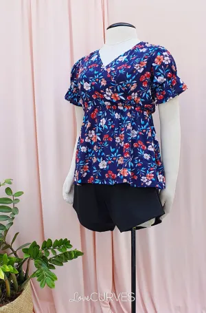 Puff Sleeves Wrap Top - Blue Blooms