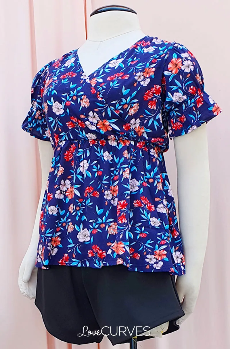 Puff Sleeves Wrap Top - Blue Blooms