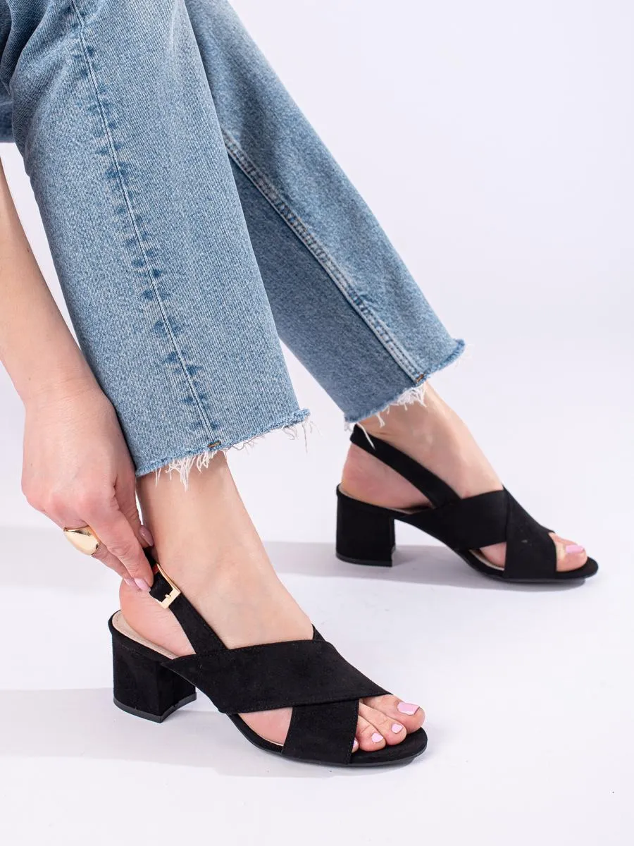 Spunkz Black Comfort Cross Over Block Heeled Sandals