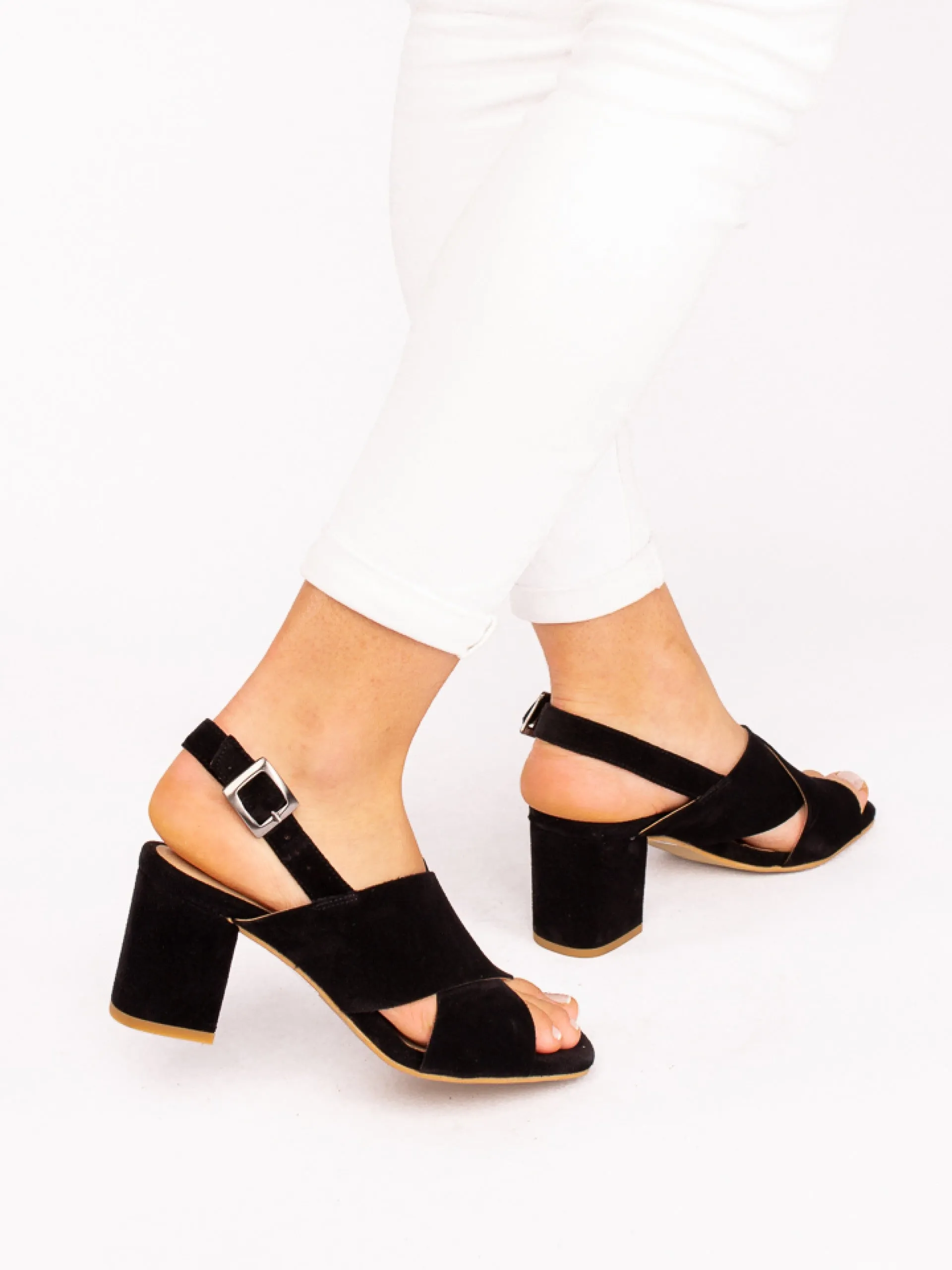 Spunkz Black Comfort Cross Over Block Heeled Sandals