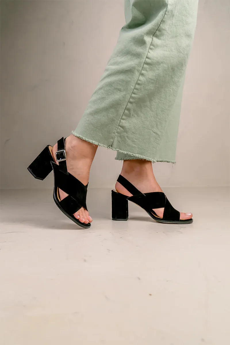 Spunkz Black Comfort Cross Over Block Heeled Sandals