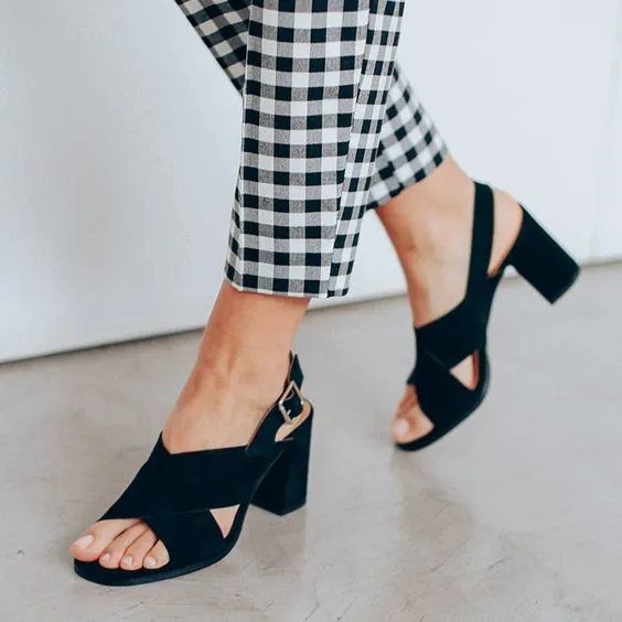 Spunkz Black Comfort Cross Over Block Heeled Sandals