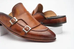 Tan Double Buckle Monk Backless Slip-On Mule Custom Made-To-Order Shoes  Premium Quality Handmade