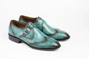 Turquoise Colored Single buckle Wingtip Monk Strap Patina Shoes Made using Crust Leather with Hand Dye Finish