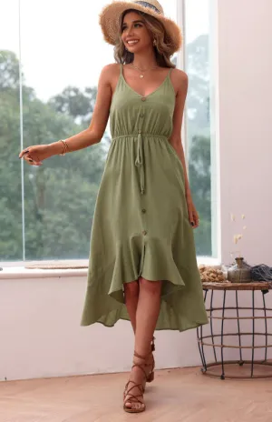 Women's Solid Color Midi Dress Beach Loose Sling Green Cotton Linen Dress