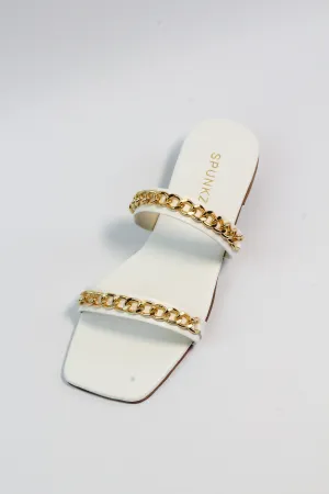 Ziva Square Toe Double Straps Metal Chain Flat Slippers